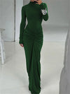 Women's Shirred High-Collar Ankle-Length Maxi Dress — Long Sleeve Body-Shaping Sheath