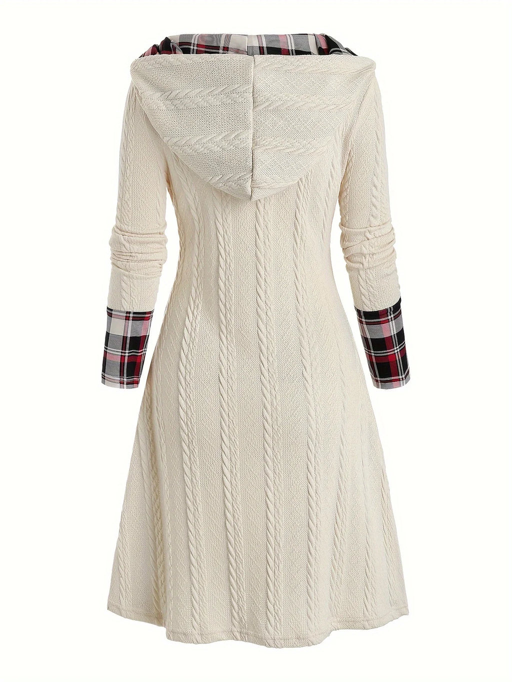 Women's Plaid Knitted Hooded A-Line Dress with Faux Buckle, High-Waist Long Sleeves