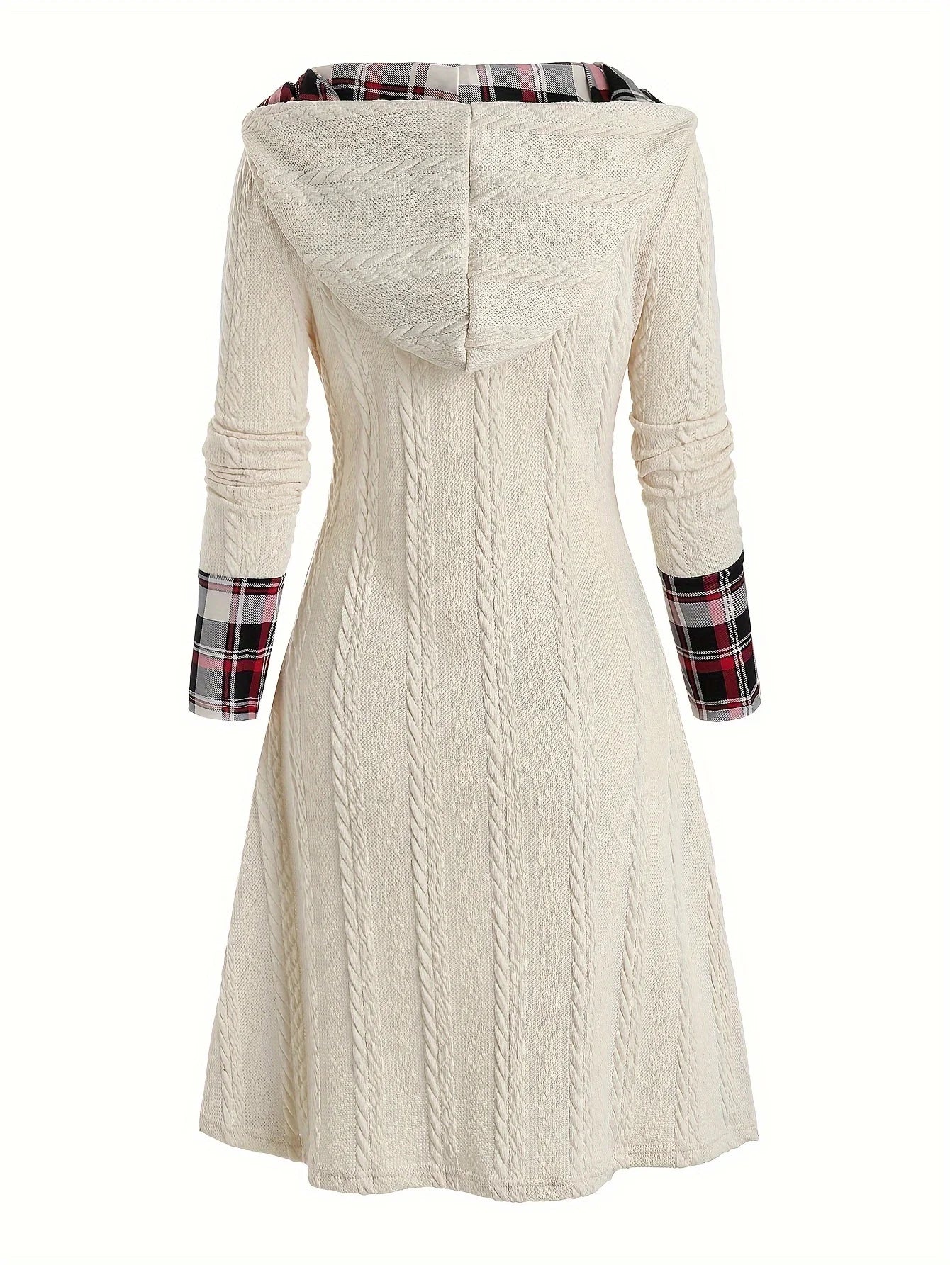 Women's Plaid Knitted Hooded A-Line Dress with Faux Buckle, High-Waist Long Sleeves
