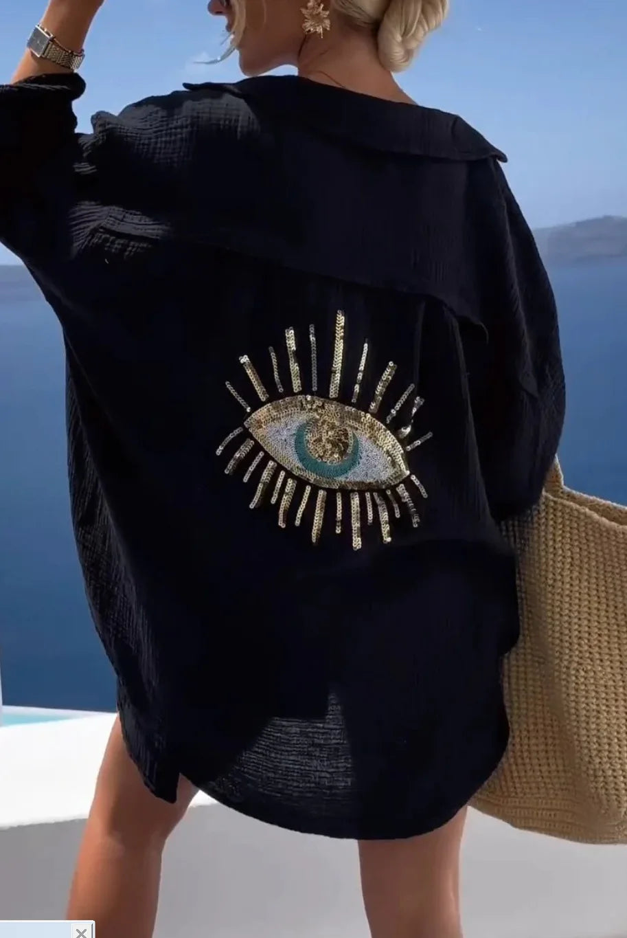 Women's Sequin Evil Eye Long Sleeve Cotton-Blend Blouse - Loose Summer Casual Turn-Down Collar