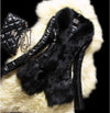Women's Faux Fur Collar PU Leather Mid-Length Coat - Slim Fit Long Sleeve Patchwork Street Style