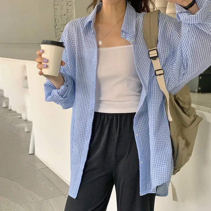 Korean Style Plaid Sunscreen Shirt for Women, Lightweight Loose Long Sleeve Single-Breasted Turn-Down Collar