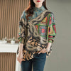 Women's Plus Size Diamond Print Knit Sweater - Loose Vintage Warm Mock Neck Pullover