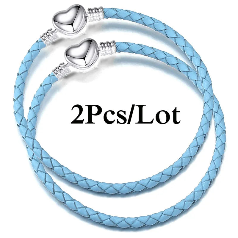 2-Pack Leather Chain Charm Bracelets with Beads – Handmade Couples Pulsera Jewelry (Unisex)