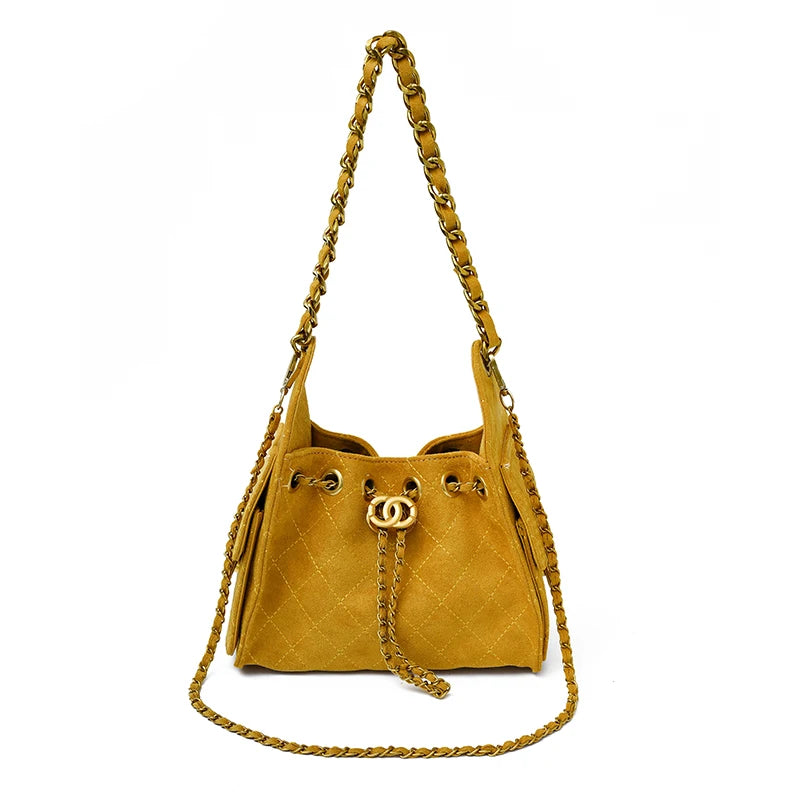 Biker Rhombus Chain Bucket Bag - Retro Faux Suede Crossbody Shoulder Bag for Women