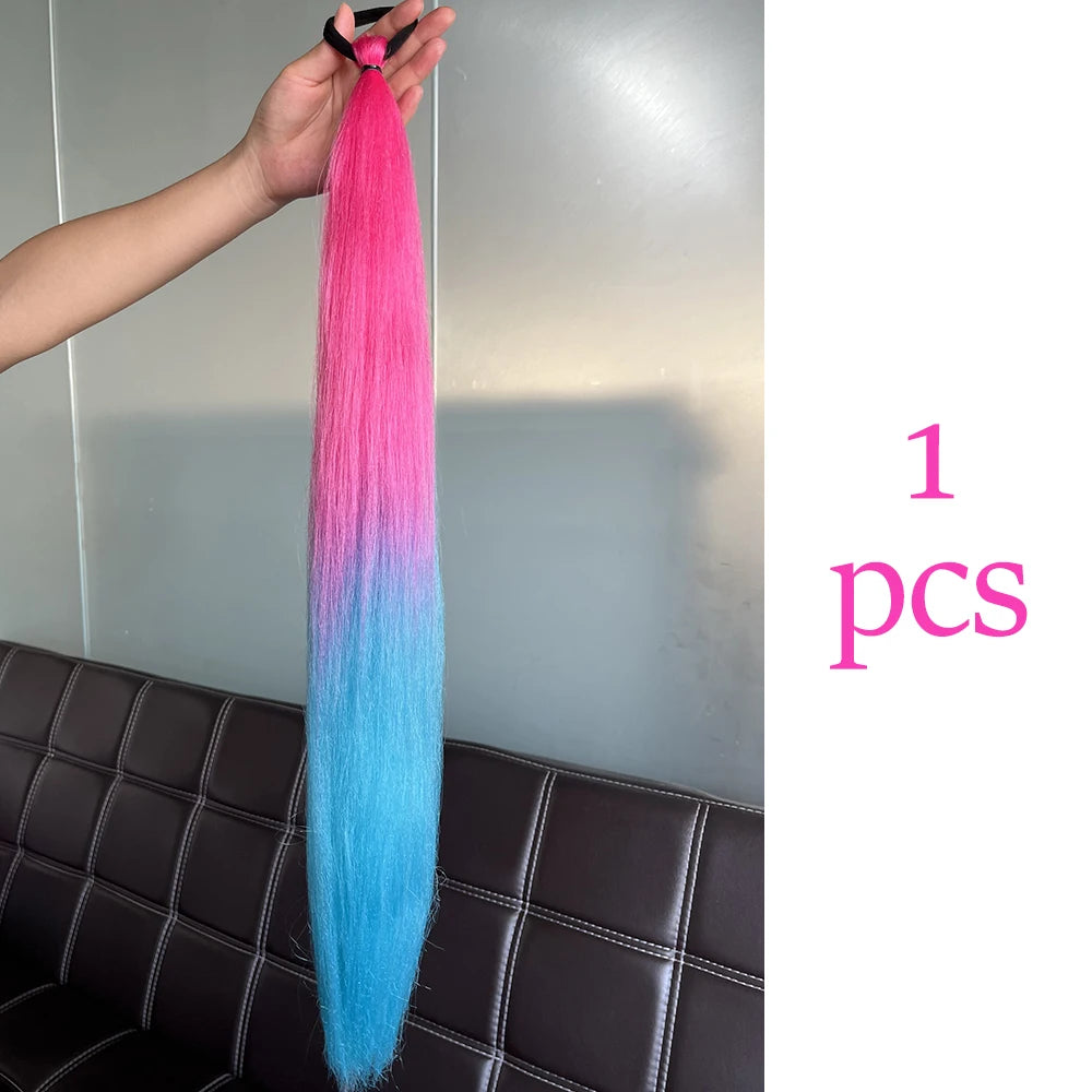 Colorful Synthetic Ponytail Extensions 2-Pack – Long Straight Braided Hairpiece with Elastic Band | High-Temp Fiber