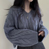 Vintage Twist Cropped V-Neck Knit Sweater - Women's One Size Pullover for Autumn Winter
