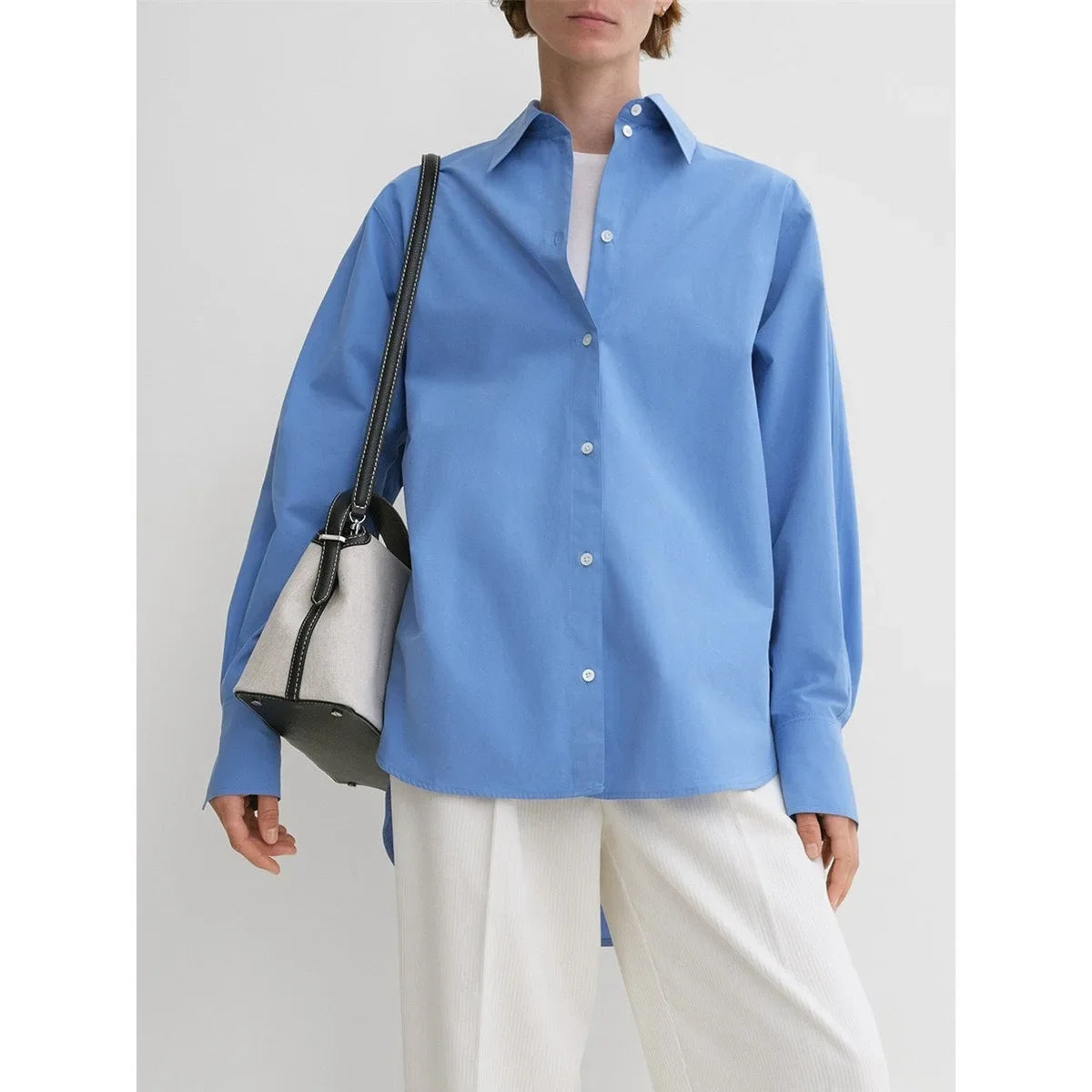 Women's Vertical Striped Shirt - Loose Long-Sleeve Button-Up Blouse with Asymmetric Hem, Office Commuter Style