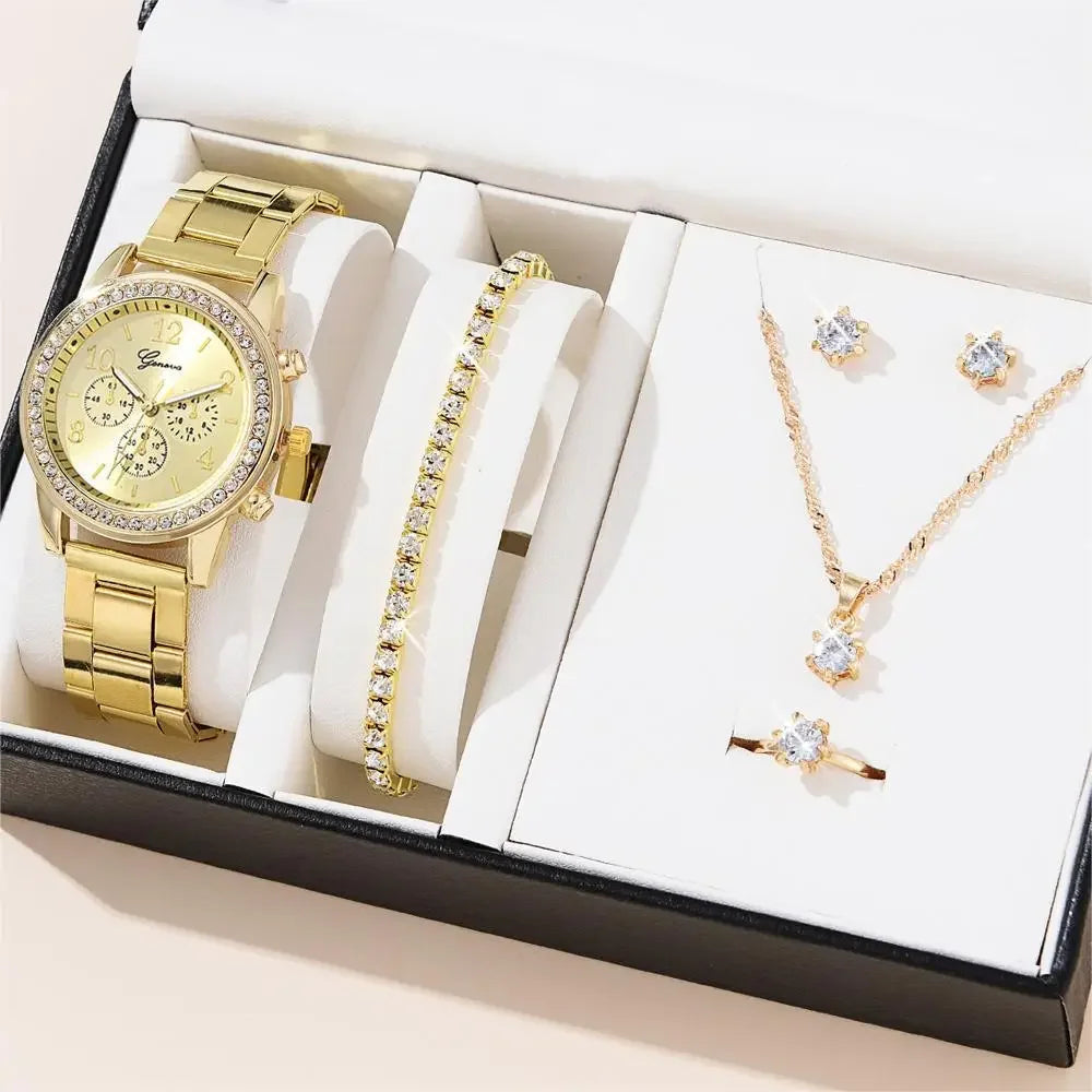 Women's Luxury Quartz Watch & 5-Piece Rhinestone Jewelry Set – Stainless Steel Strap, Bracelet, Necklace, Earrings & Ring