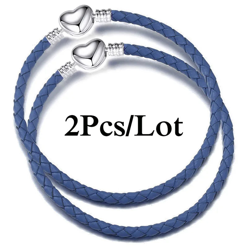 2-Pack Leather Chain Charm Bracelets with Beads – Handmade Couples Pulsera Jewelry (Unisex)