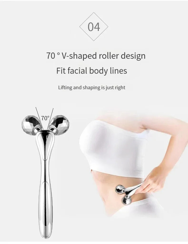 RUZOFO 3D V-Shape Facial Roller Massager — Portable Waterproof Face & Full-Body Lifting Roller, Electroplated Silver