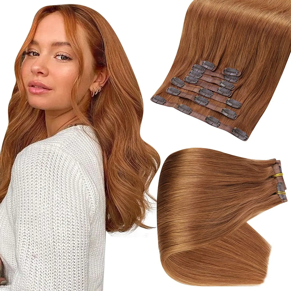 Full Shine Ombre Blonde Remy Clip-In Hair Extensions — 8-Piece Set, 16–22 in (40–56 cm) Seamless PU Weft