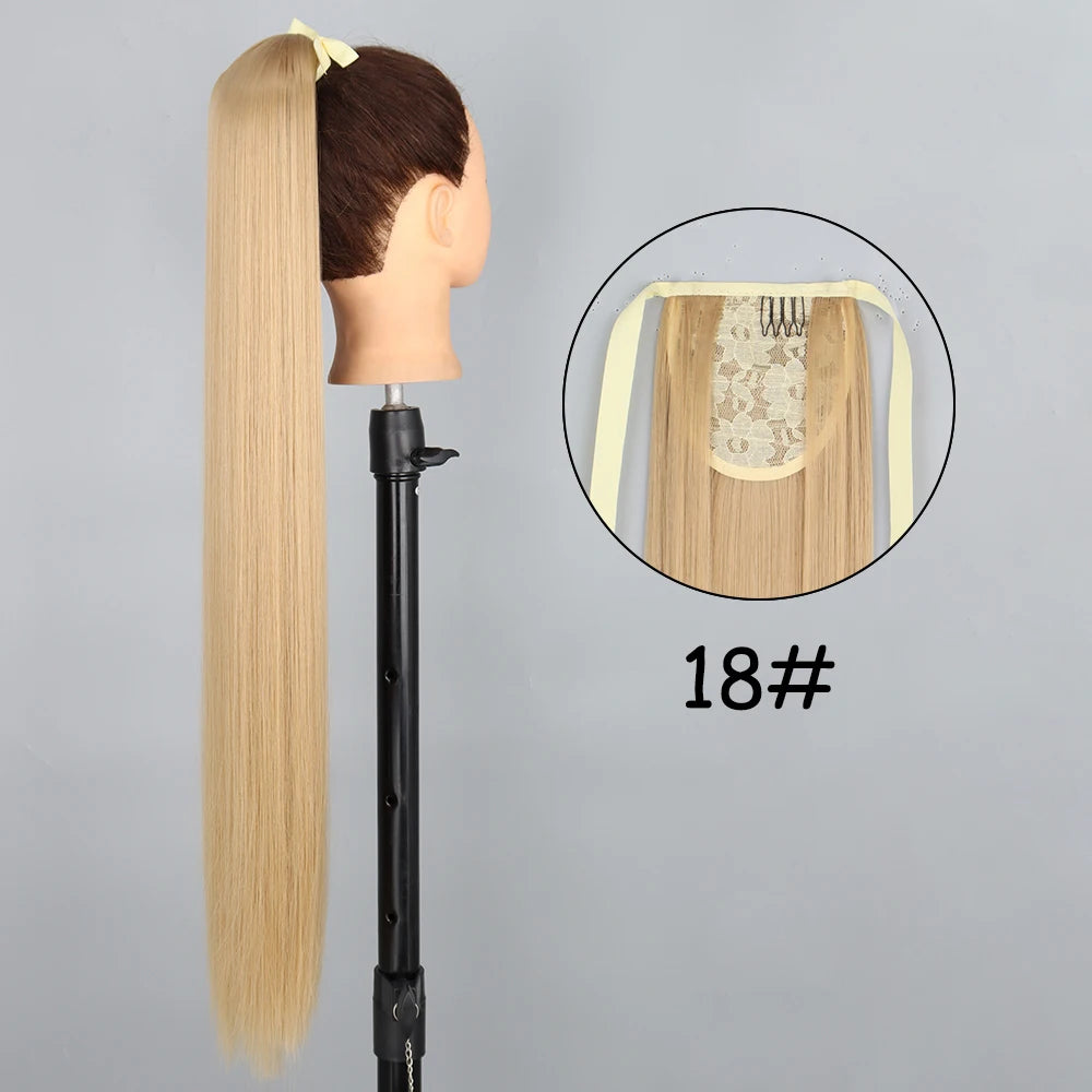 34-Inch (86 cm) Clip-In Synthetic Ponytail Hair Extension — Blonde Wrap-Around Long Straight Hairpiece