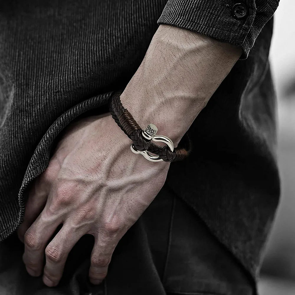 Kirykle Men's Nautical Multilayer Leather Bracelet with Stainless Steel Anchor Shackle, Handmade Adjustable Gift for Dad