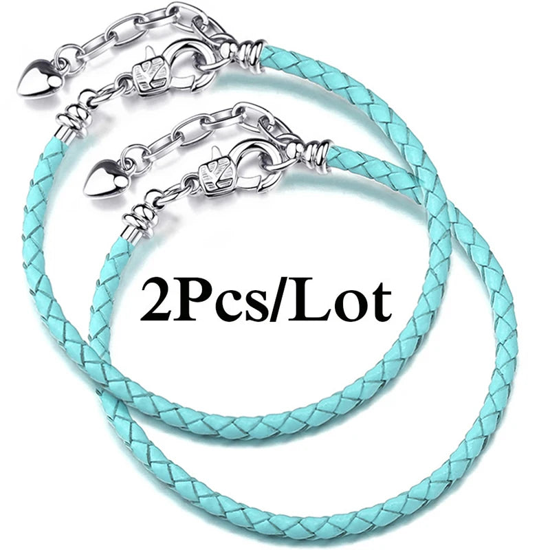 2-Pack Leather Chain Charm Bracelets with Beads – Handmade Couples Pulsera Jewelry (Unisex)