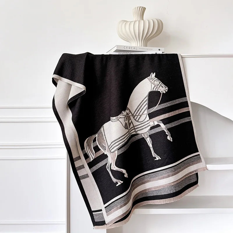 Women's Soft Cashmere Pashmina Scarf 180 x 65 cm (71 x 25.6 in) Plaid Horse Print Tassel Wrap Shawl