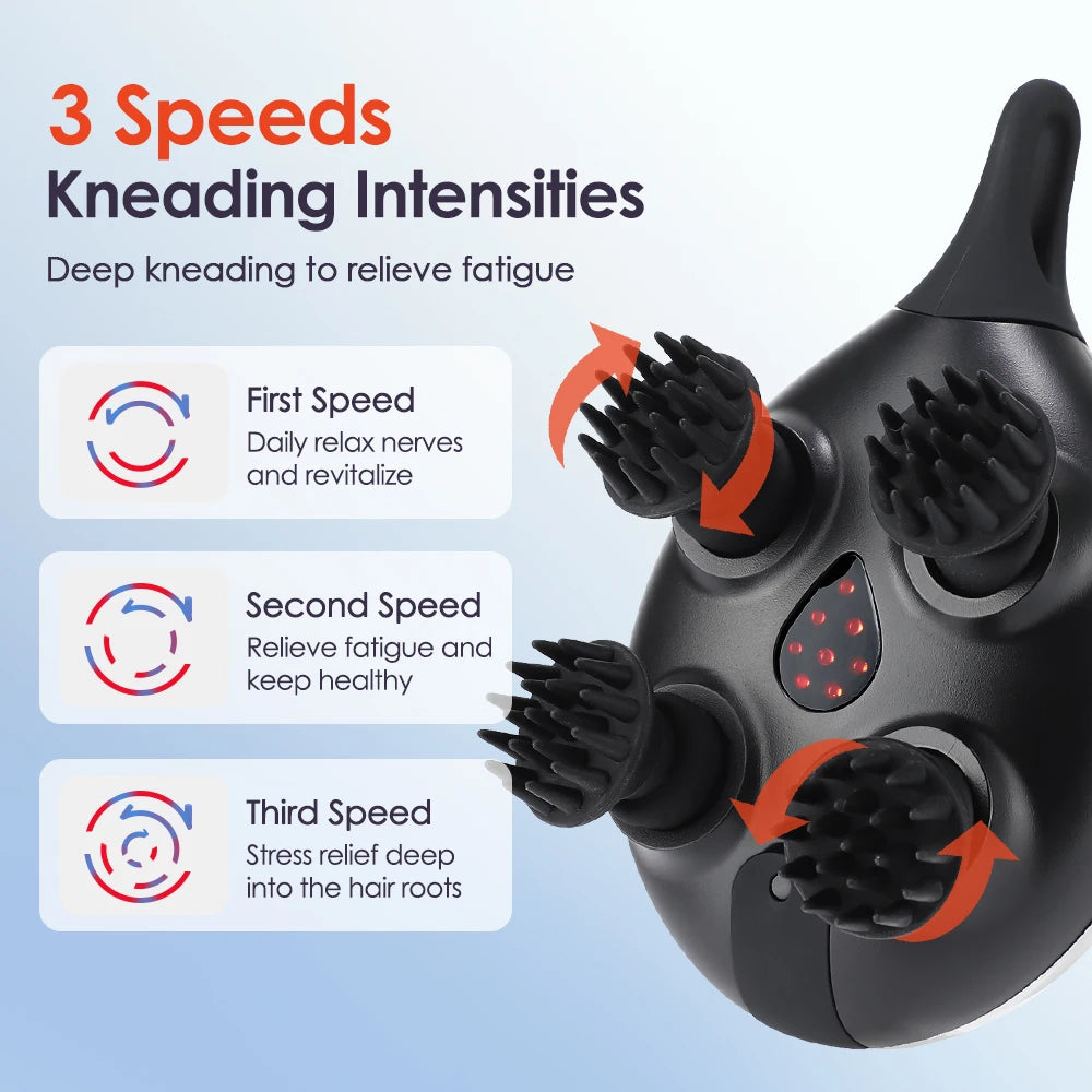 Electric Scalp Massager with 4 Kneading Heads – Rechargeable IPX7 Deep Tissue Head & Body Massager with Red Light Therapy for Hair Growth and Pet Use