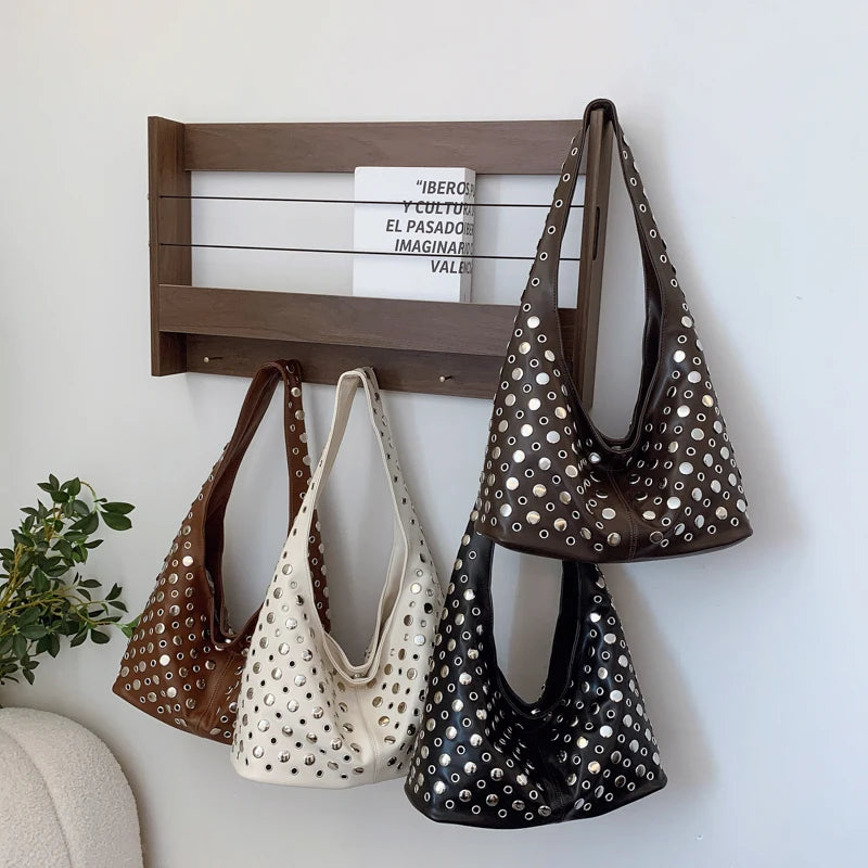 Rivets PU Leather Bucket Hobo Bag for Women - Punk Shoulder Handbag Purse