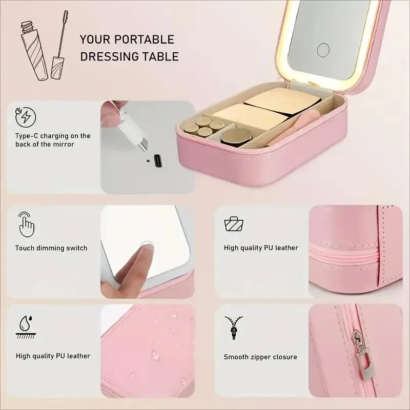 Foldable USB LED Makeup Mirror, Touch Control, 1X/10X Magnification, Adjustable Brightness, Pink Faux Leather Travel Cosmetic Organizer