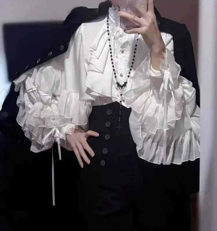 Kawaii Lolita Blouse for Women – Vintage Lace Patchwork Lantern Sleeve Top, Y2K Aesthetic JK Cosplay