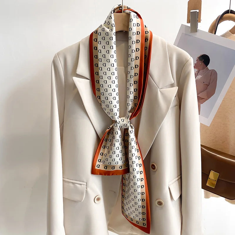 Women's Silk-Feel Printed Long Narrow Scarf 12 x 148 cm (4.7 x 58.3 in) - 50+ Colors | Headband & Shawl