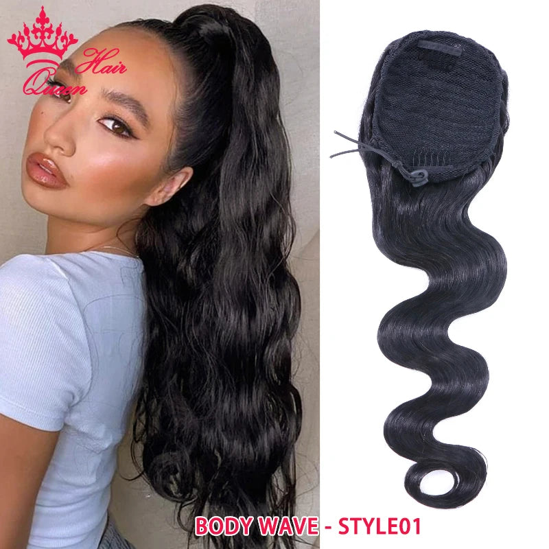 Clip-In Drawstring Human Hair Ponytail – 100g (3.5 oz) Brazilian Virgin Hair, Straight & Body Wave