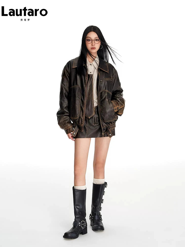 Vintage Distressed Brown PU Faux Leather Jacket with Faux Fur Collar – Women's Zipper Moto Coat