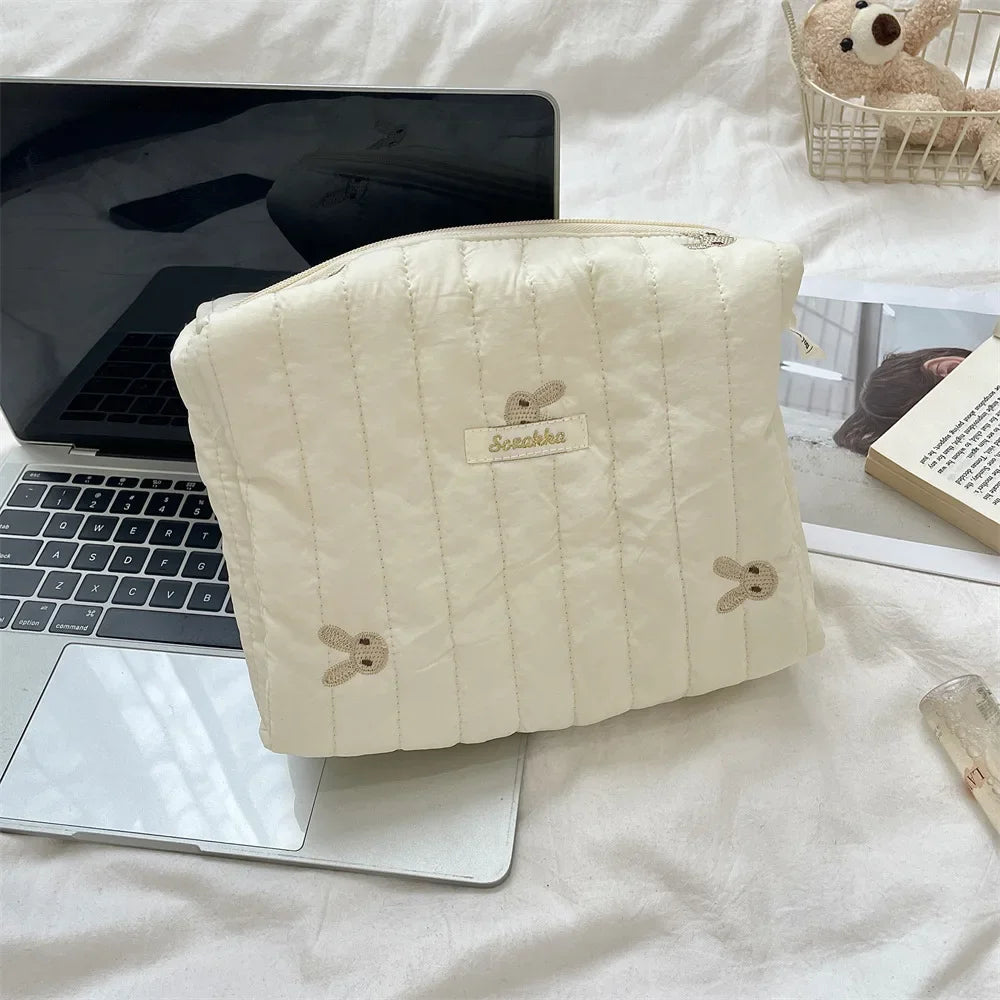 Quilted Embroidered Cotton Makeup Bag – Women's Zipper Cosmetic Pouch, Travel Toiletry Organizer, Cute Cartoon