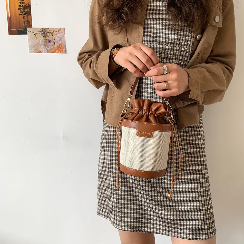 Vintage Patchwork Cylinder Drawstring Bucket Bag - PU Leather Mini Crossbody Shoulder Bag for Women
