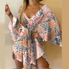 Women's Floral V-Neck Ruffle Batwing Sleeve Bohemian Mini Dress - Loose Summer Beach Vacation Sundress