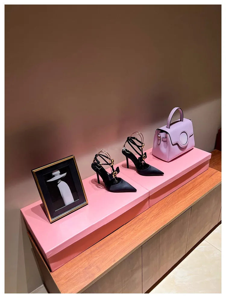 Bow Tie Pointed Toe Thin Heel Sandals for Women, Roman Straight Strap, 2.0-3.1 in (5-8 cm) Heel