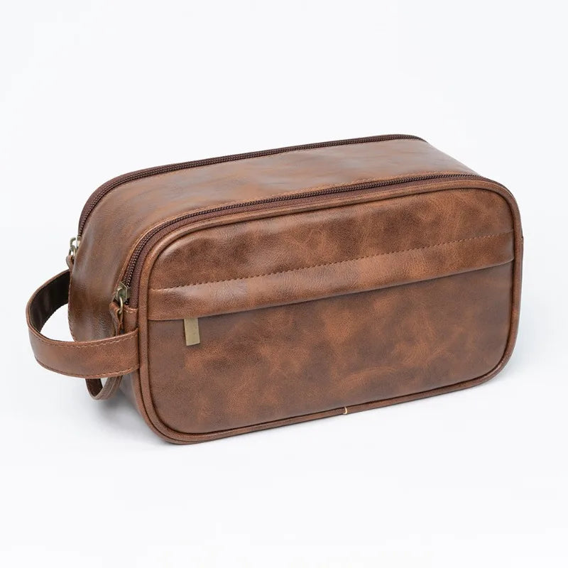 Men's PU Leather Toiletry Bag - Waterproof Travel Dopp Kit with Zipper, Portable Business Clutch
