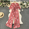 Women's Bohemian Polka Dot V-Neck Wide Leg Jumpsuit with Dolman Sleeves and High Waist