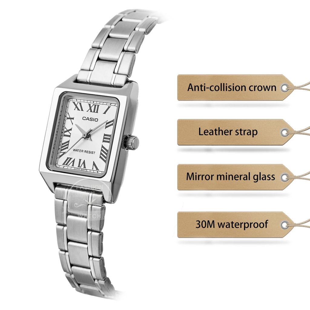 Casio Women's Quartz Stainless Steel Dress Watch – 30M Water-Resistant, Rectangle Case with Roman Dial