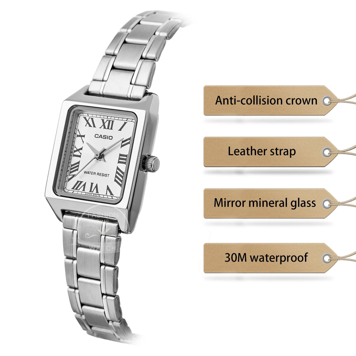 Casio Women's Quartz Stainless Steel Dress Watch – 30M Water-Resistant, Rectangle Case with Roman Dial