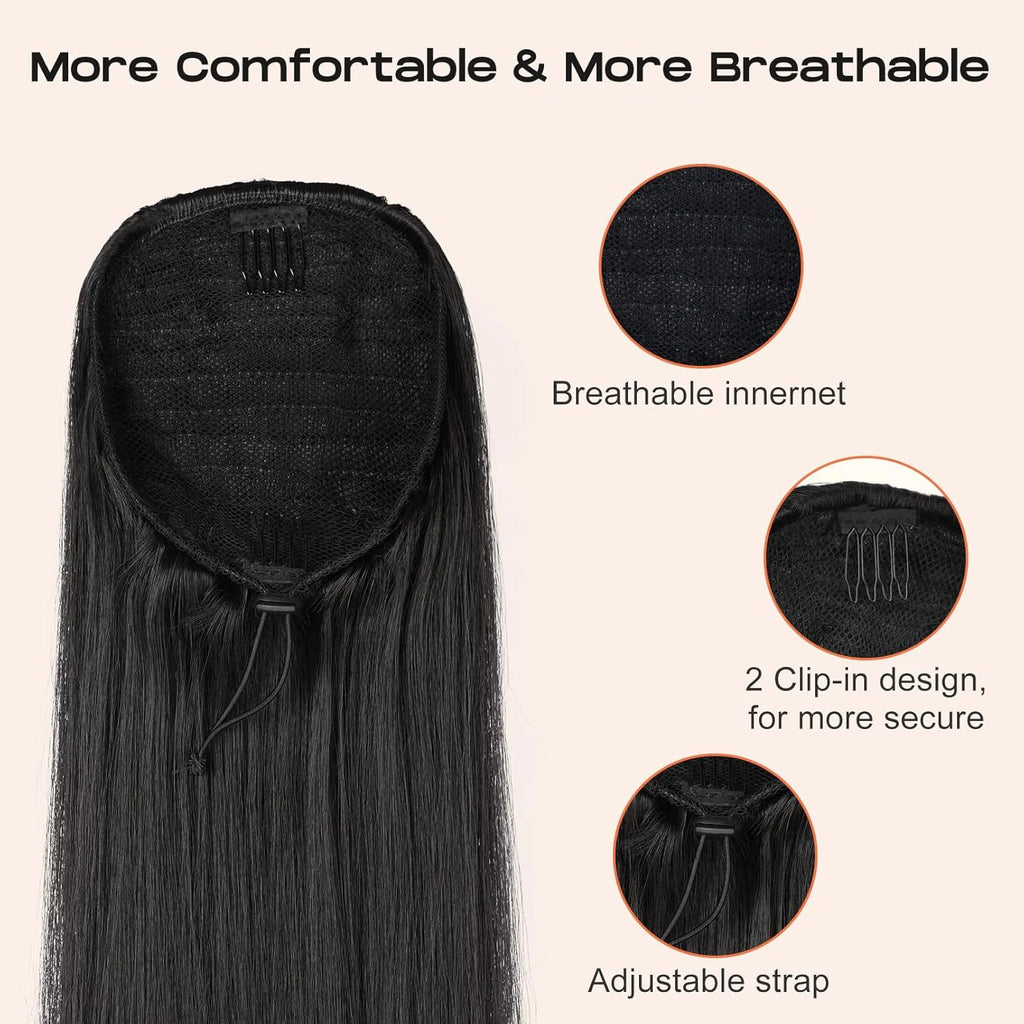 20 in (50 cm) Drawstring Clip-In Ponytail Extension Long Straight Heat-Resistant Synthetic Hairpiece for Women