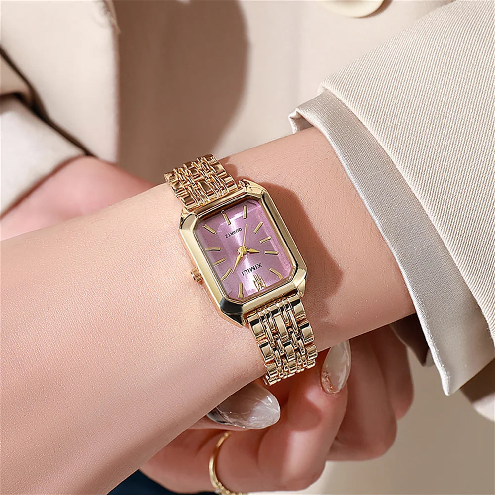 Gold Plated Rectangular Women's Quartz Watch — 2.2×3.0 cm (0.87×1.18 in) Dial, Stainless Steel Bracelet