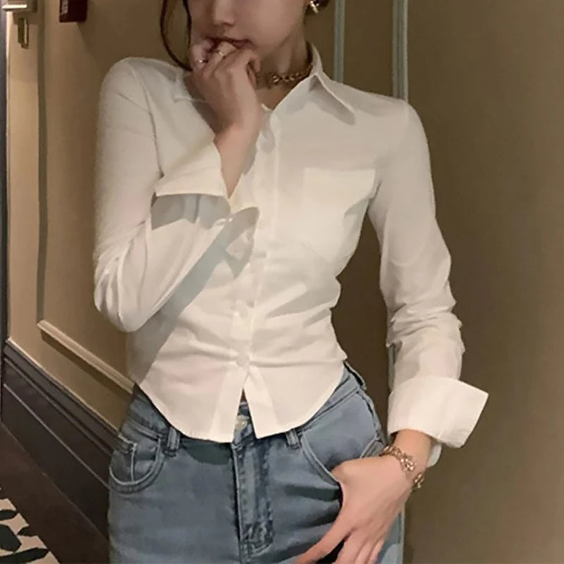Women’s White Chiffon Button-Down Blouse with Pocket — Long Sleeve Lapel Office Top