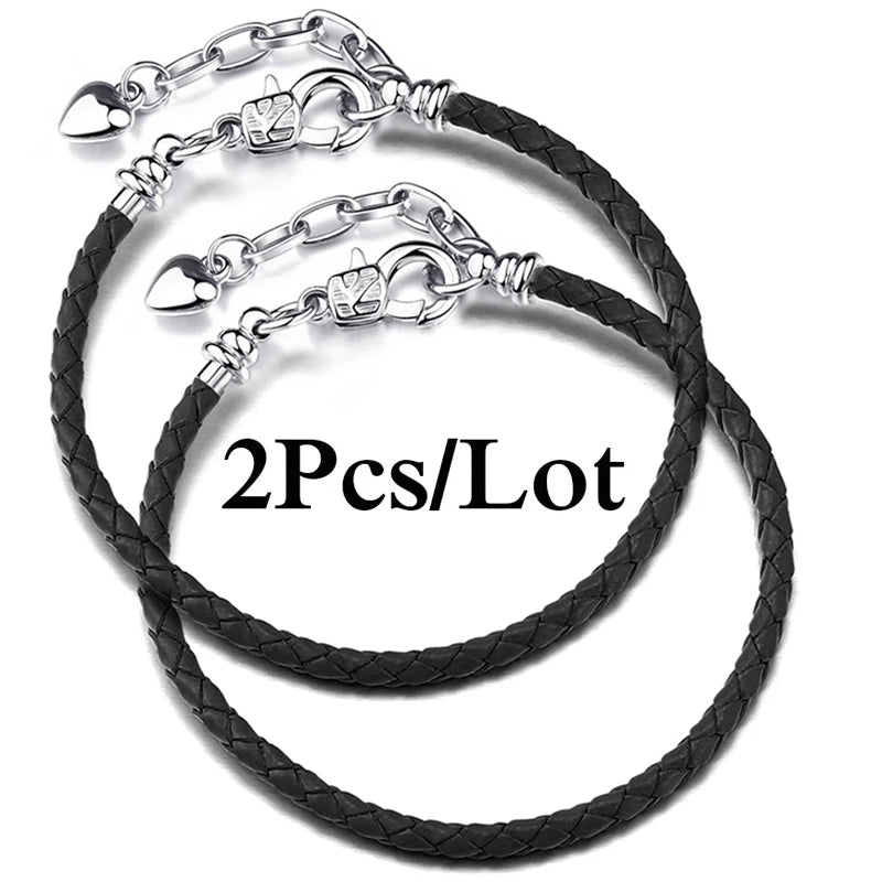 2-Pack Leather Chain Charm Bracelets with Beads – Handmade Couples Pulsera Jewelry (Unisex)