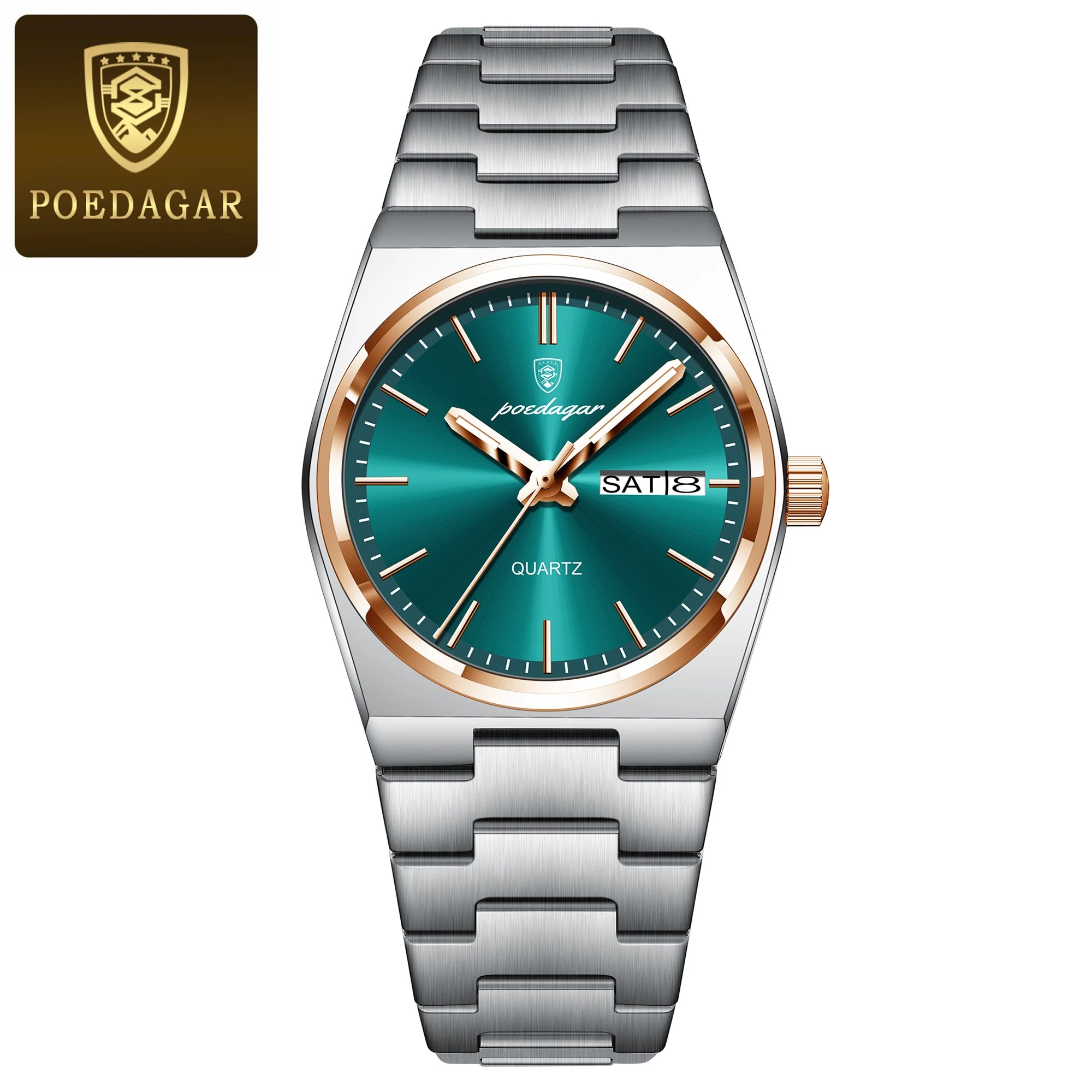POEDAGAR Women's 35mm Stainless Steel Quartz Watch – Waterproof 3ATM, Luminous Hands, Date & Week Display