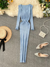 SINGRAIN Women's Autumn Winter V-Neck Long Knit Sweater Dress Slim Stretch Mid-Calf Bodycon