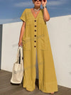Women's V-Neck Single-Breasted Wide-Leg Jumpsuit with Pockets, Loose Oversized Office Casual
