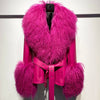 YOLOAgain Women's Genuine Sheepskin Leather Jacket with Real Fox Fur Detachable Collar & Sleeves - Belted Pockets, Autumn/Winter
