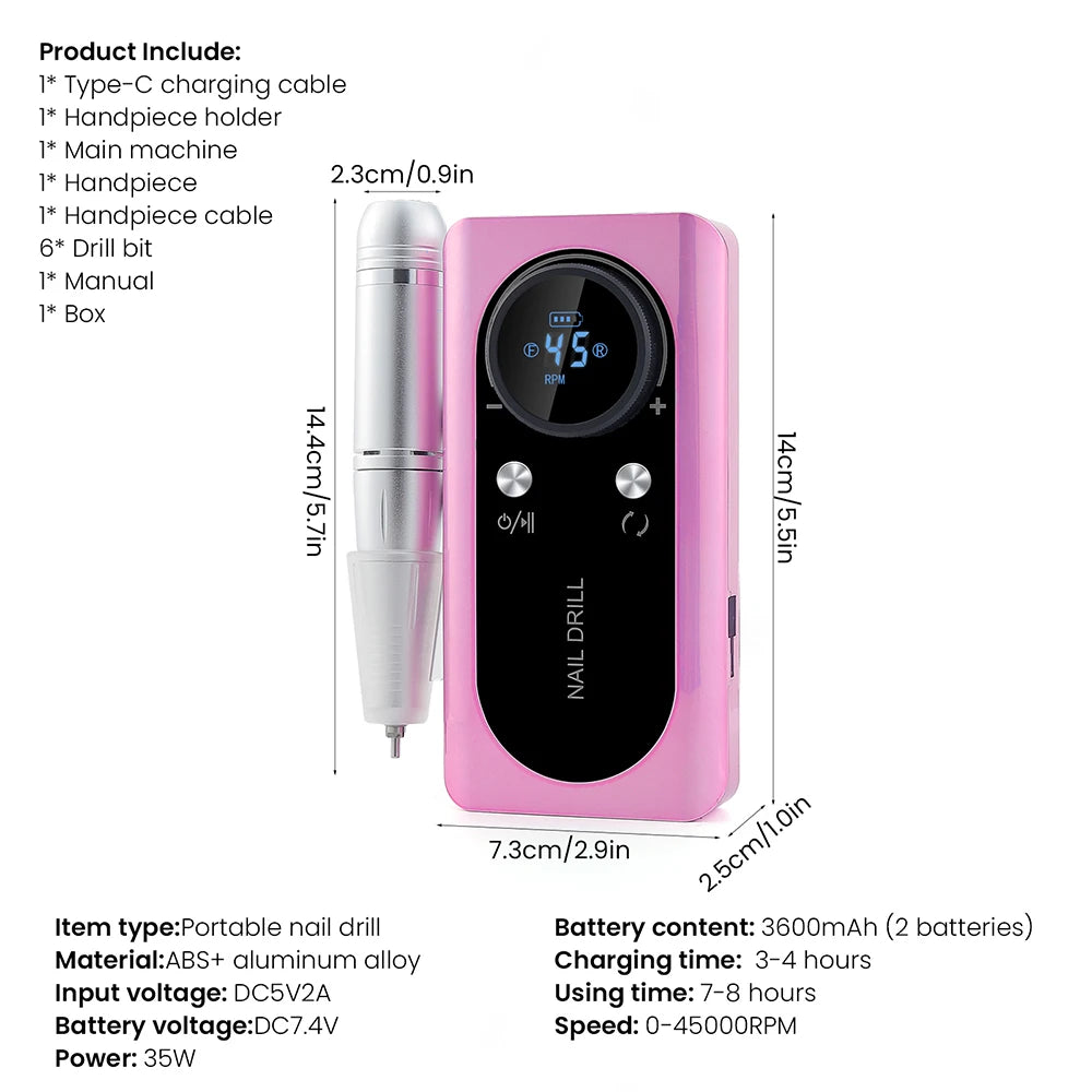 Rechargeable 45000RPM Portable Nail Drill Kit – Wireless Manicure & Pedicure Grinder with 6 Bits and 6 Sanding Bands