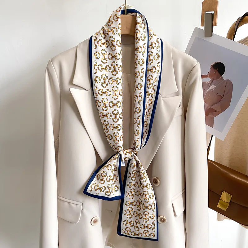 Women's Silk-Feel Printed Long Narrow Scarf 12 x 148 cm (4.7 x 58.3 in) - 50+ Colors | Headband & Shawl