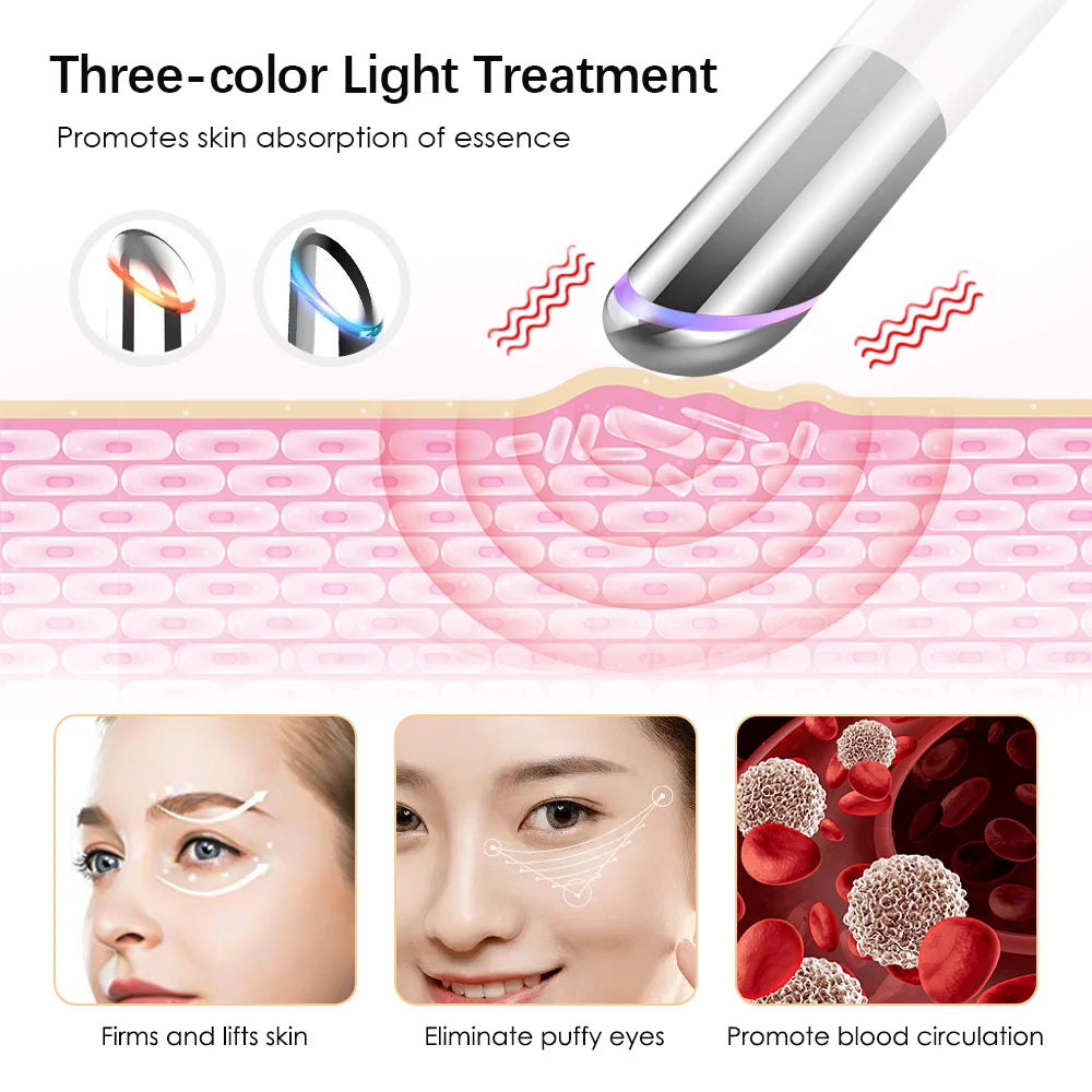 IPL Vibration Eye Massager – Blue/Red/Purple LED Therapy Pen with Hot Compress, Anti-Wrinkle & Dark Circle Care, USB-C Rechargeable