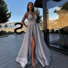 Royal Blue Satin Halter Evening Gown Floor-Length A-Line Ball Dress with High Split