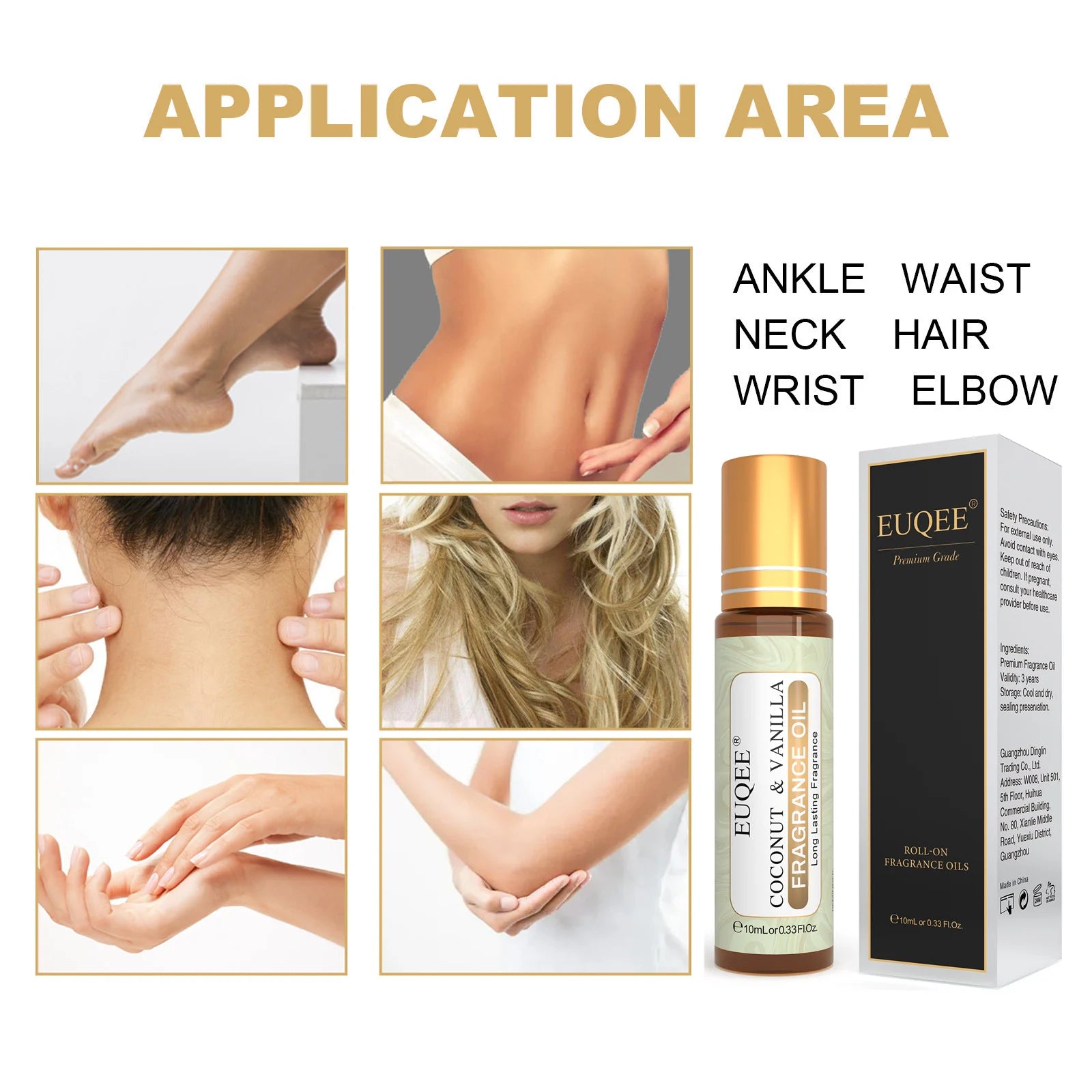 EUQEE 10ml Roll-On Fragrance Oil for Women - Portable Roller Perfume in Coconut Vanilla, Bubble Gum, Midnight Rose (Amber Glass)