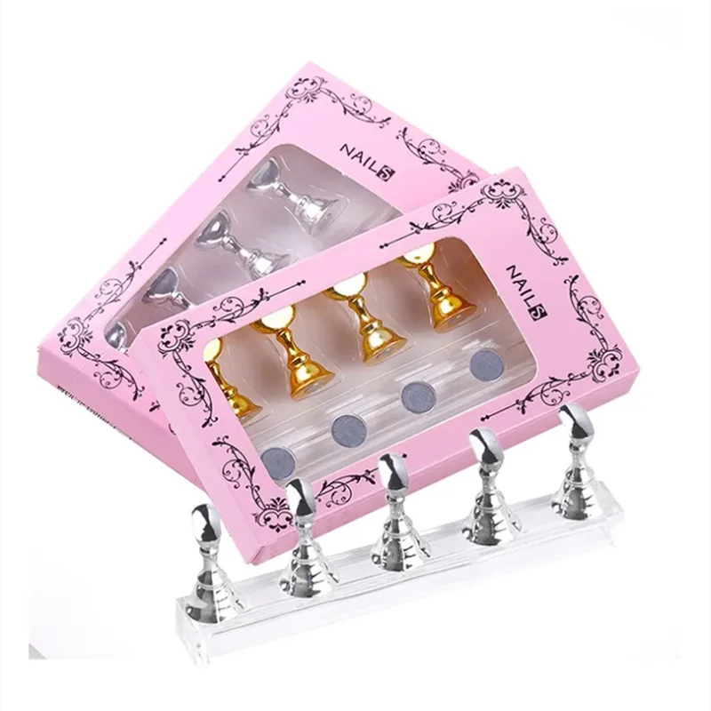 5-Pack Magnetic Nail Tip Holders with Acrylic Base – Gold Silver Rose Gold Nail Art Display Stand for Gel Polish Manicure