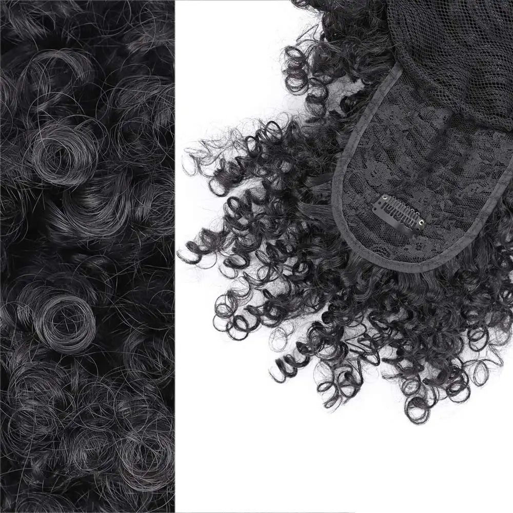 Afro Puff Drawstring Ponytail with Bangs – Short Curly Clip-In Wrap Updo, Heat-Resistant Synthetic Hair